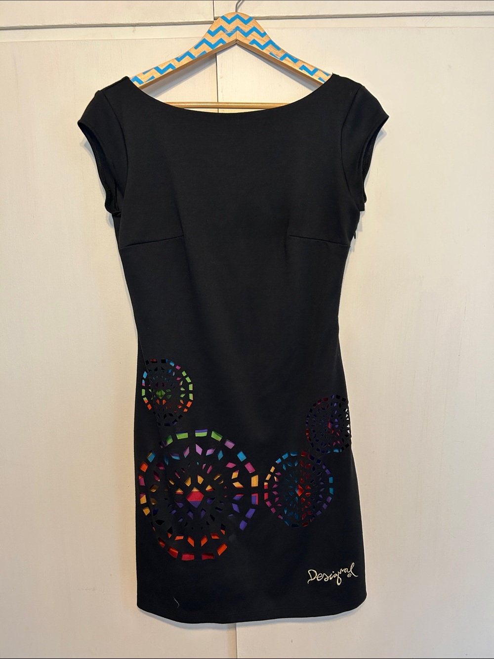 Desigual Black Mini Dress with Multicolor Cutout Mosaic Circles